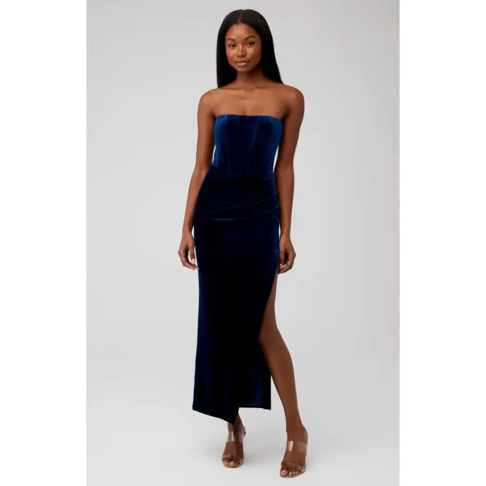 Bardot EVERLASTING VELOUR NAVY MIDI DRESS Small - Picture 2 of 8